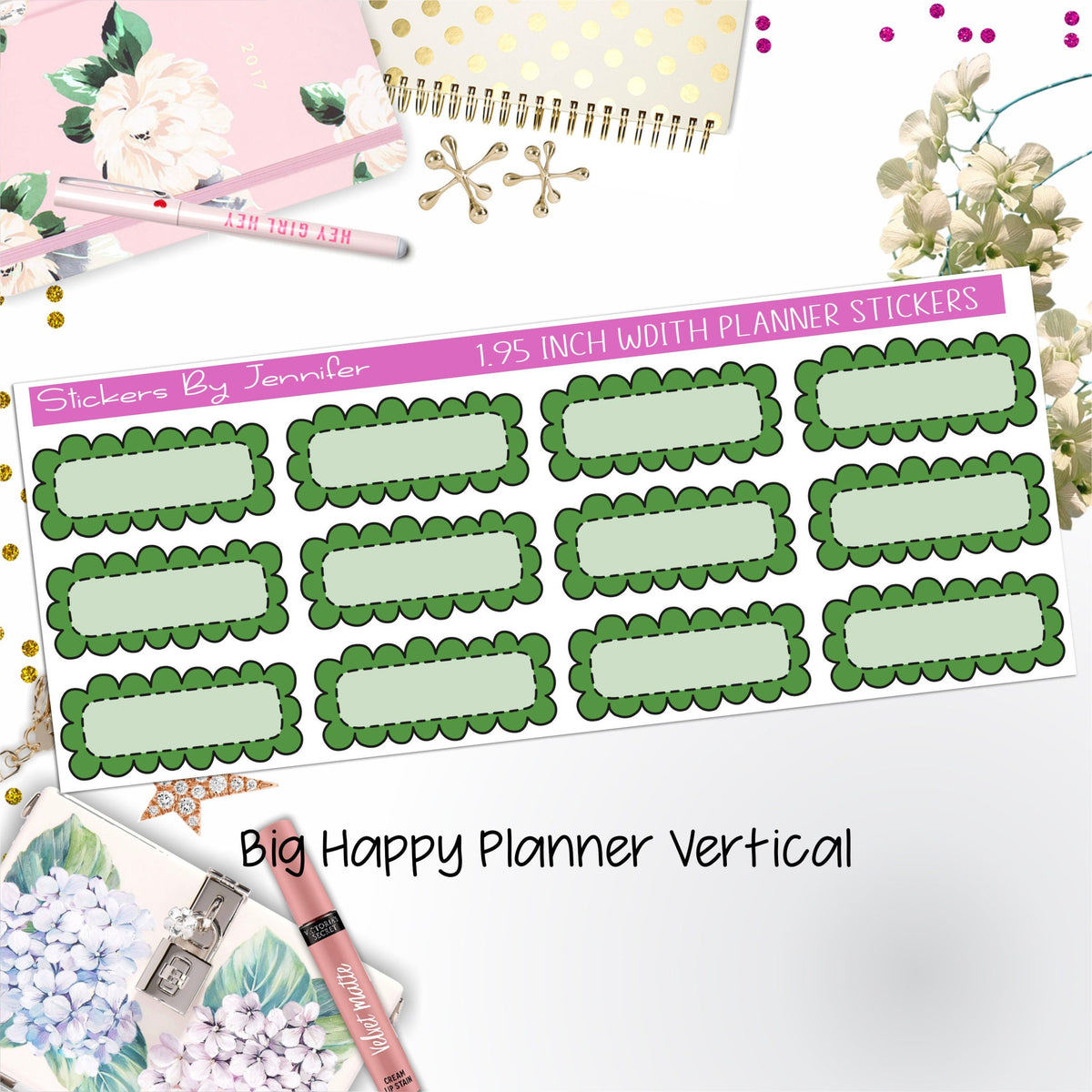 Scallop Labels 1.95 inch Width Quarter Boxes 317 for Big Happy Planner Vertical Planner Stickers