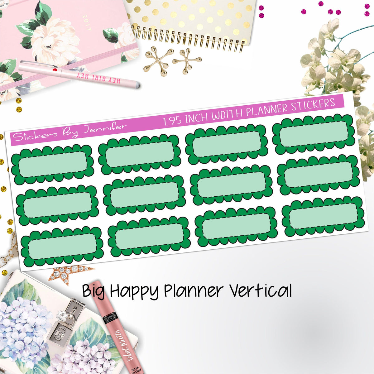 Scallop Labels 1.95 inch Width Quarter Boxes 320 for Big Happy Planner Vertical Planner Stickers
