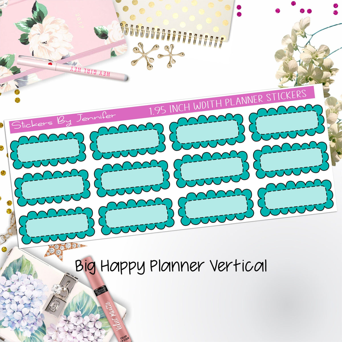 Scallop Labels 1.95 inch Width Quarter Boxes 327 for Big Happy Planner Vertical Planner Stickers
