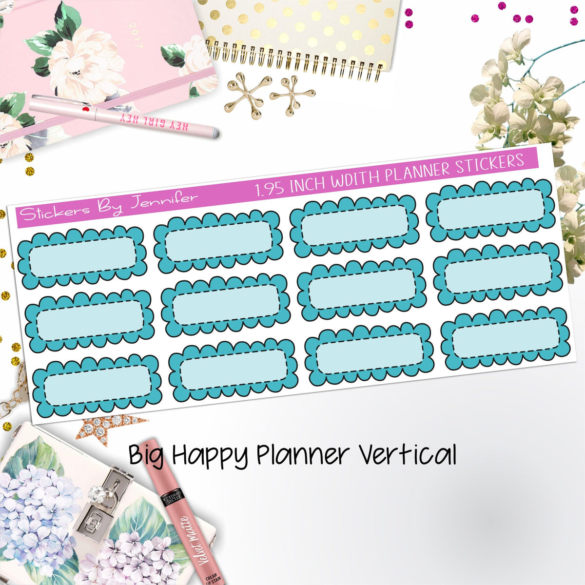 Scallop Labels 1.95 inch Width Quarter Boxes 329 for Big Happy Planner Vertical Planner Stickers