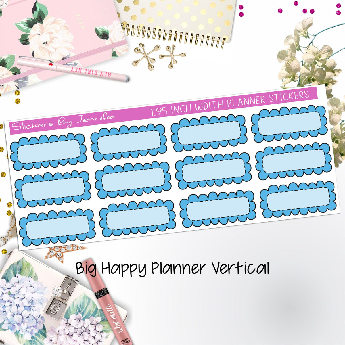 Scallop Labels 1.95 inch Width Quarter Boxes 333 for Big Happy Planner Vertical Planner Stickers