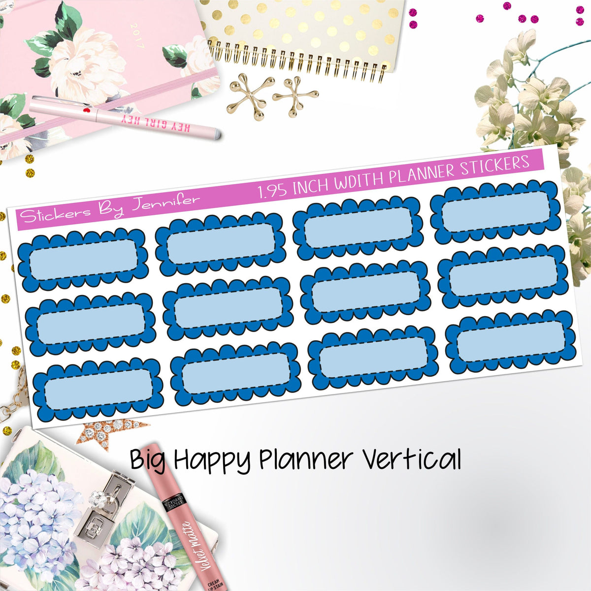 Scallop Labels 1.95 inch Width Quarter Boxes 336 for Big Happy Planner Vertical Planner Stickers