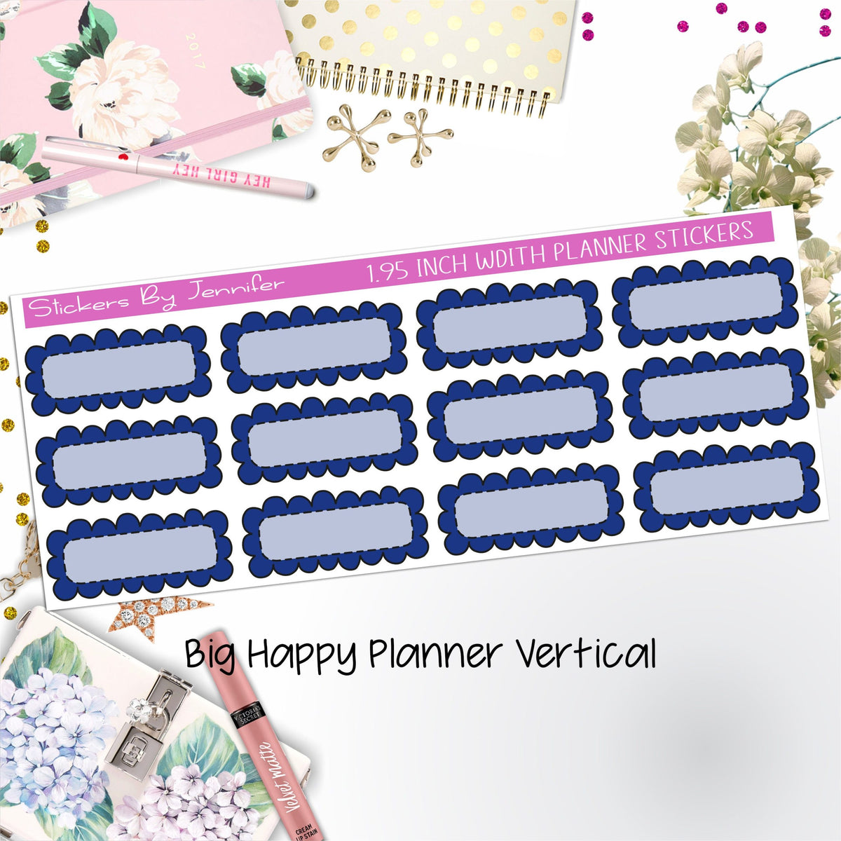 Scallop Labels 1.95 inch Width Quarter Boxes 339 for Big Happy Planner Vertical Planner Stickers