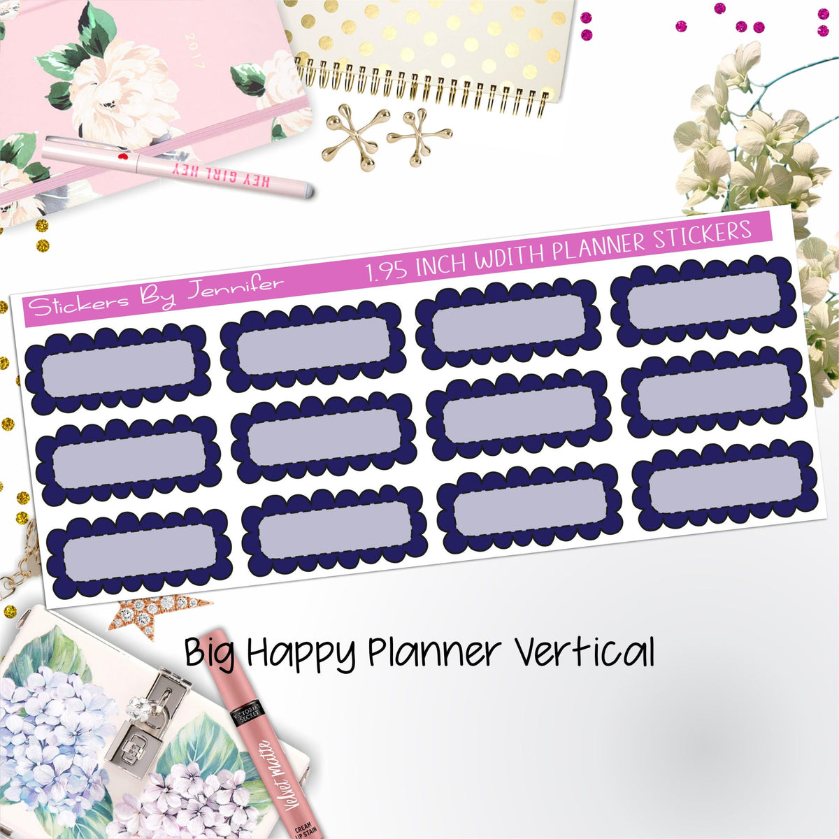 Scallop Labels 1.95 inch Width Quarter Boxes 340 for Big Happy Planner Vertical Planner Stickers