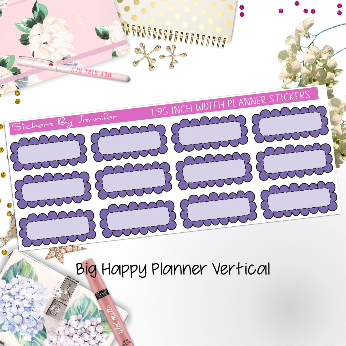 Scallop Labels 1.95 inch Width Quarter Boxes 348 for Big Happy Planner Vertical Planner Stickers