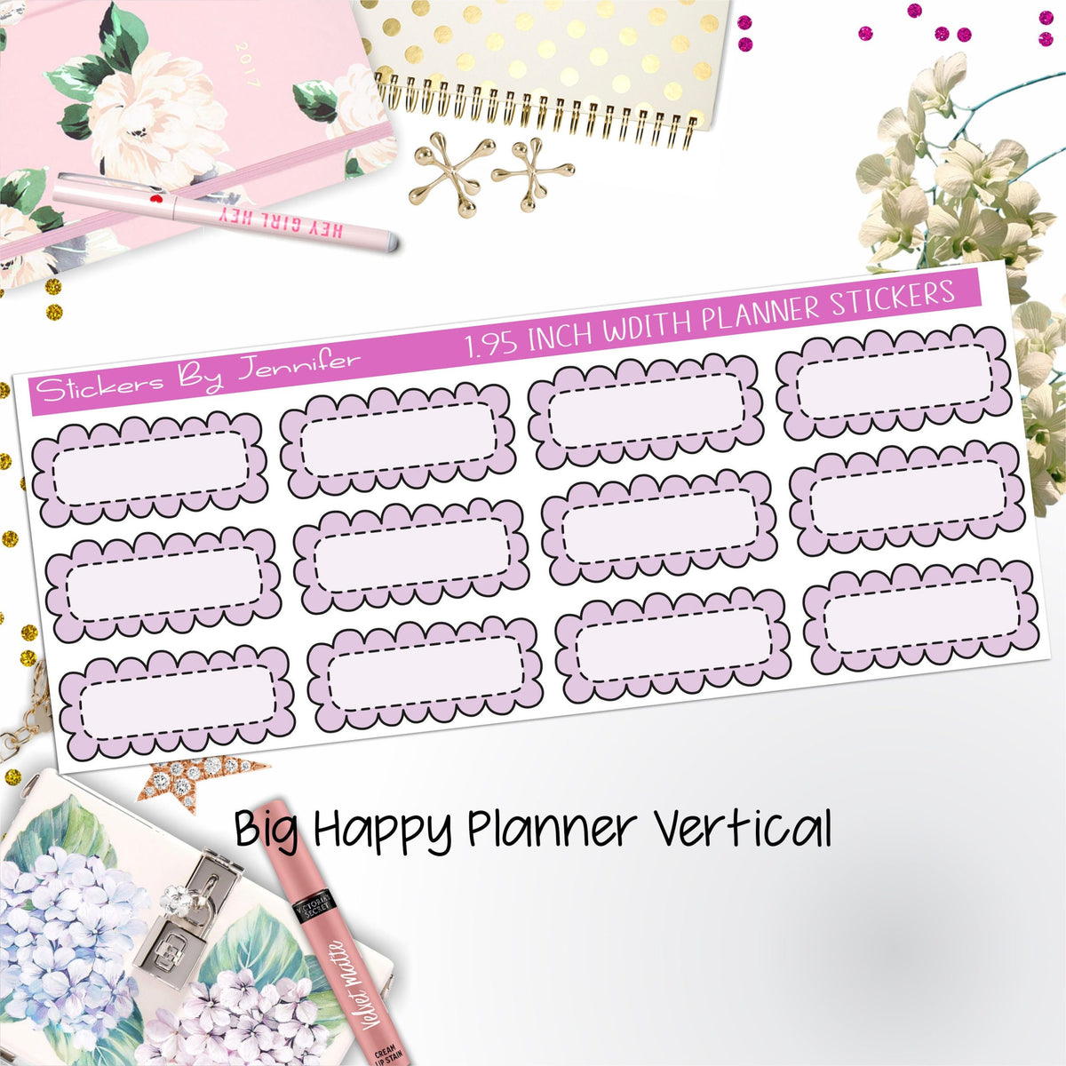 Scallop Labels 1.95 inch Width Quarter Boxes 355 for Big Happy Planner Vertical Planner Stickers