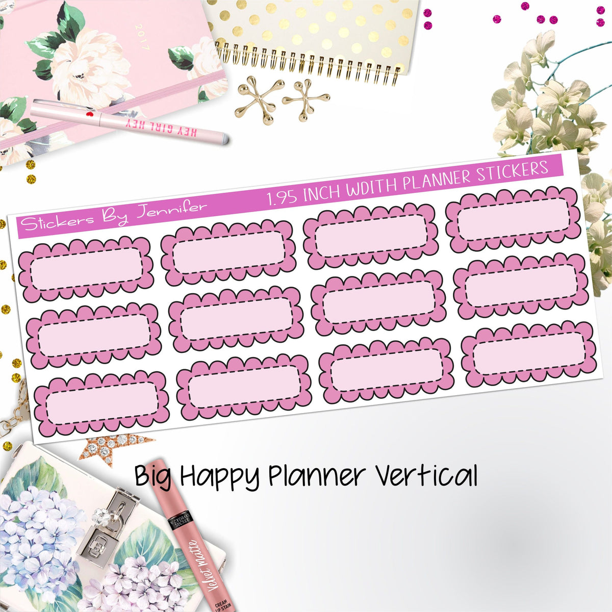 Scallop Labels 1.95 inch Width Quarter Boxes 358 for Big Happy Planner Vertical Planner Stickers