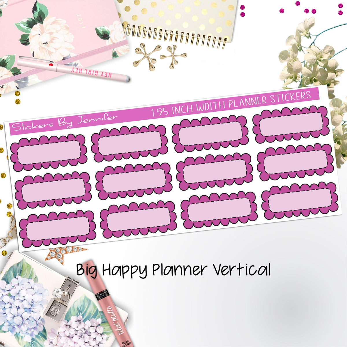 Scallop Labels 1.95 inch Width Quarter Boxes 359 for Big Happy Planner Vertical Planner Stickers