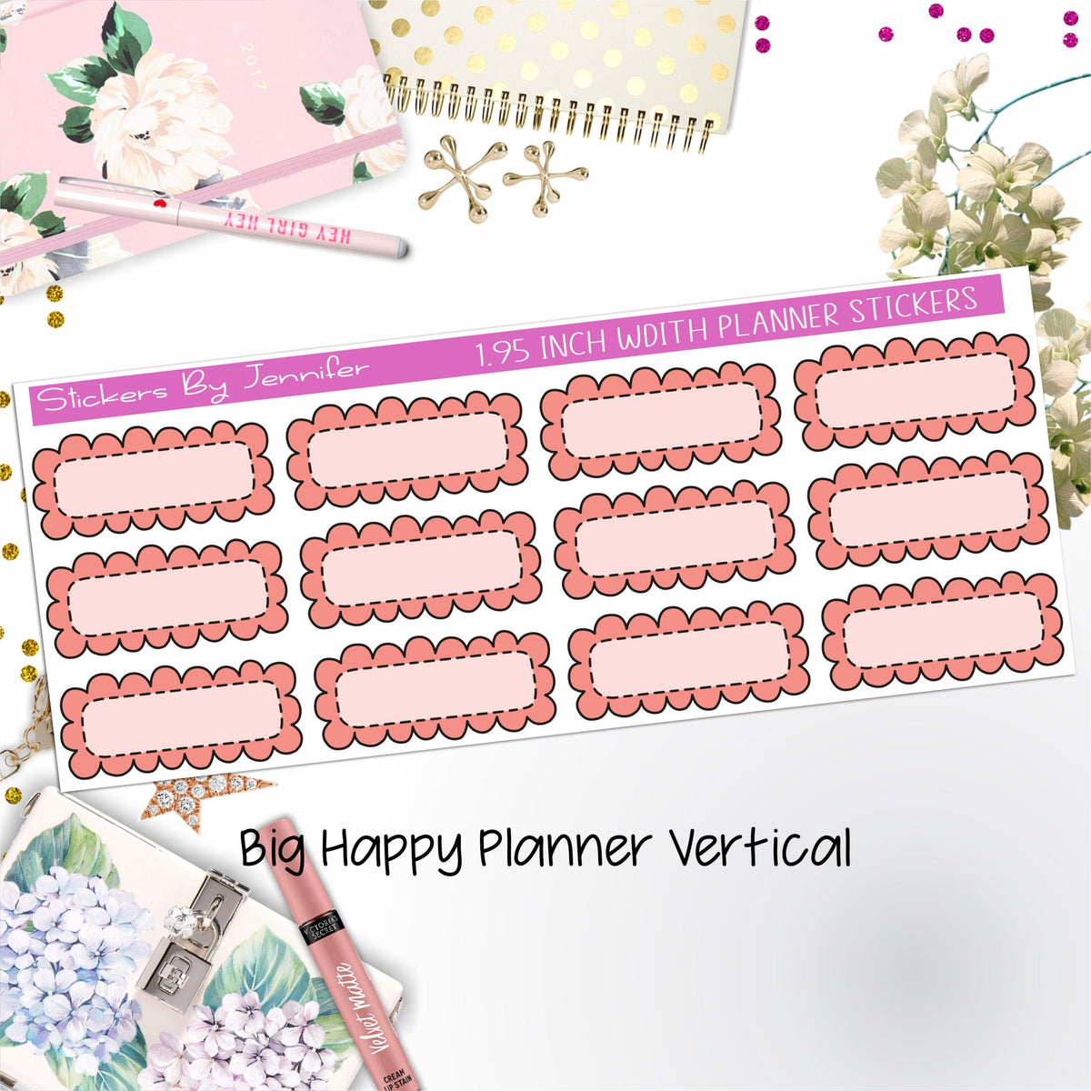Scallop Labels 1.95 inch Width Quarter Boxes 369 for Big Happy Planner Vertical Planner Stickers