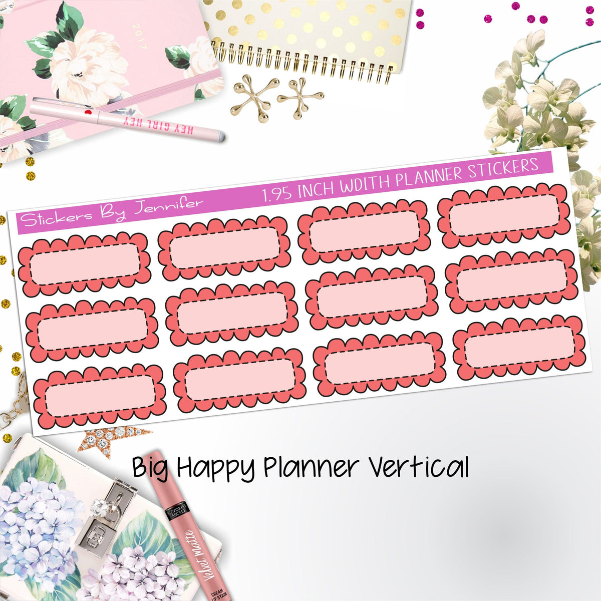 Scallop Labels 1.95 inch Width Quarter Boxes 370 for Big Happy Planner Vertical Planner Stickers