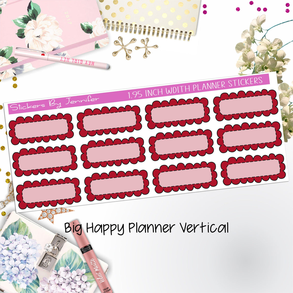 Scallop Labels 1.95 inch Width Quarter Boxes 374 for Big Happy Planner Vertical Planner Stickers