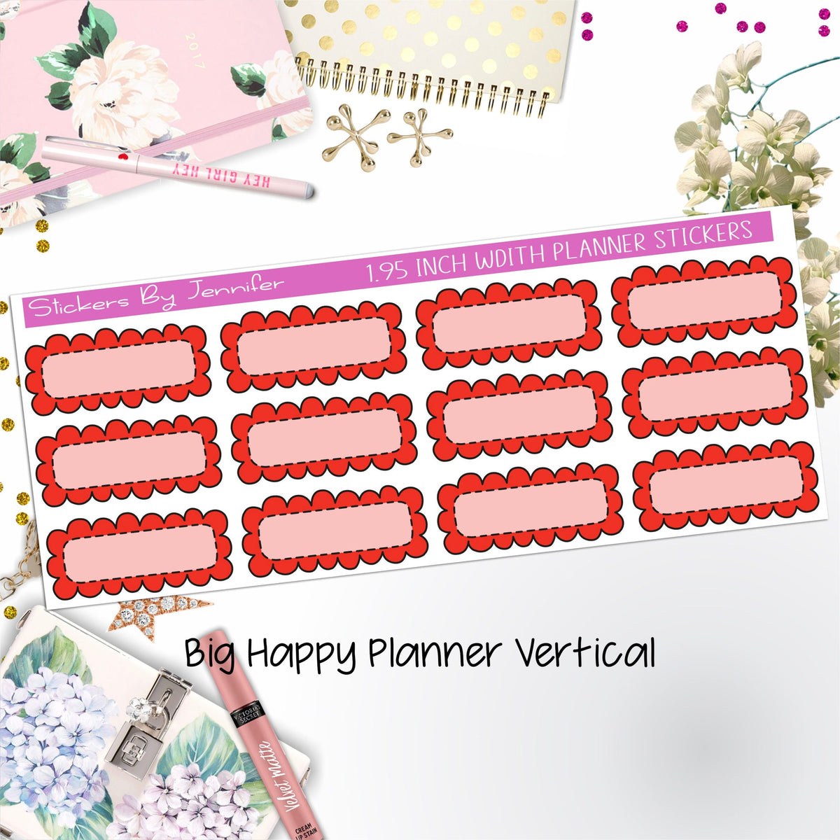 Scallop Labels 1.95 inch Width Quarter Boxes 375 for Big Happy Planner Vertical Planner Stickers