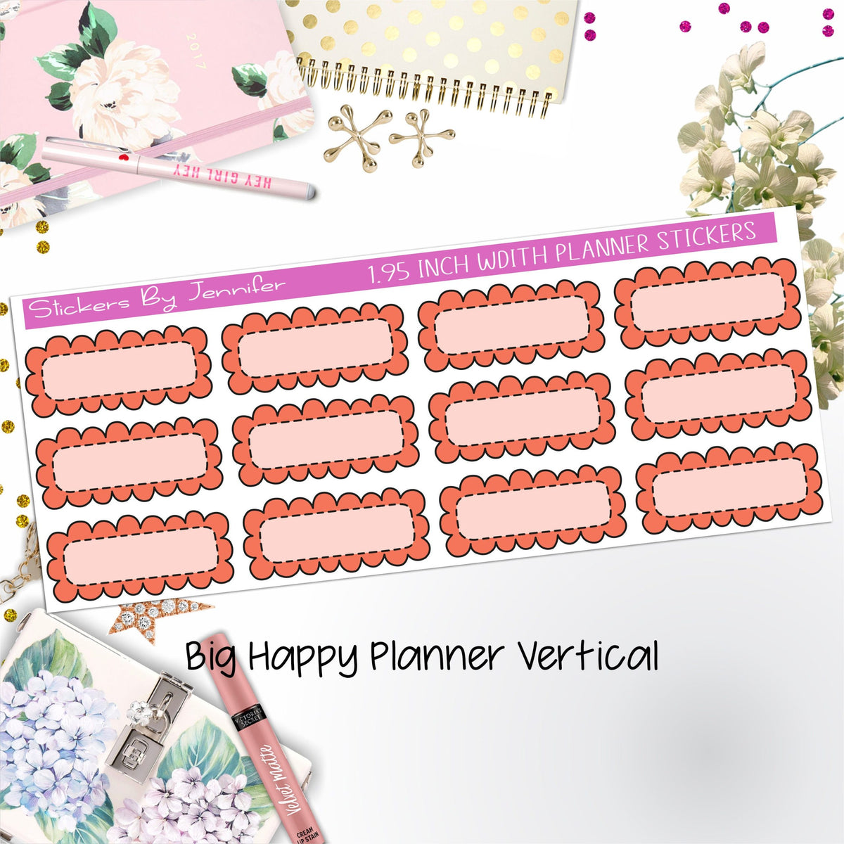 Scallop Labels 1.95 inch Width Quarter Boxes 376 for Big Happy Planner Vertical Planner Stickers