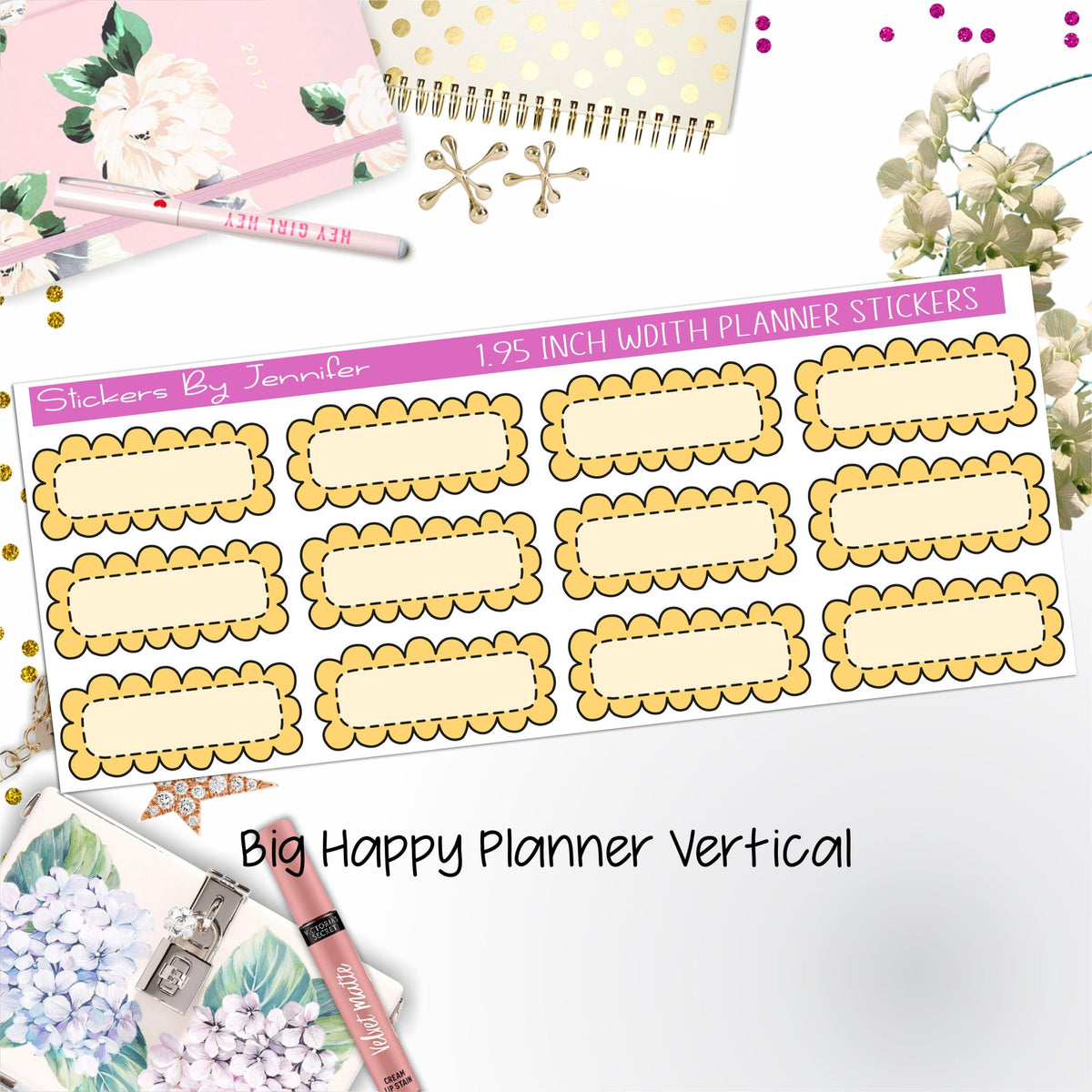 Scallop Labels 1.95 inch Width Quarter Boxes 379 for Big Happy Planner Vertical Planner Stickers