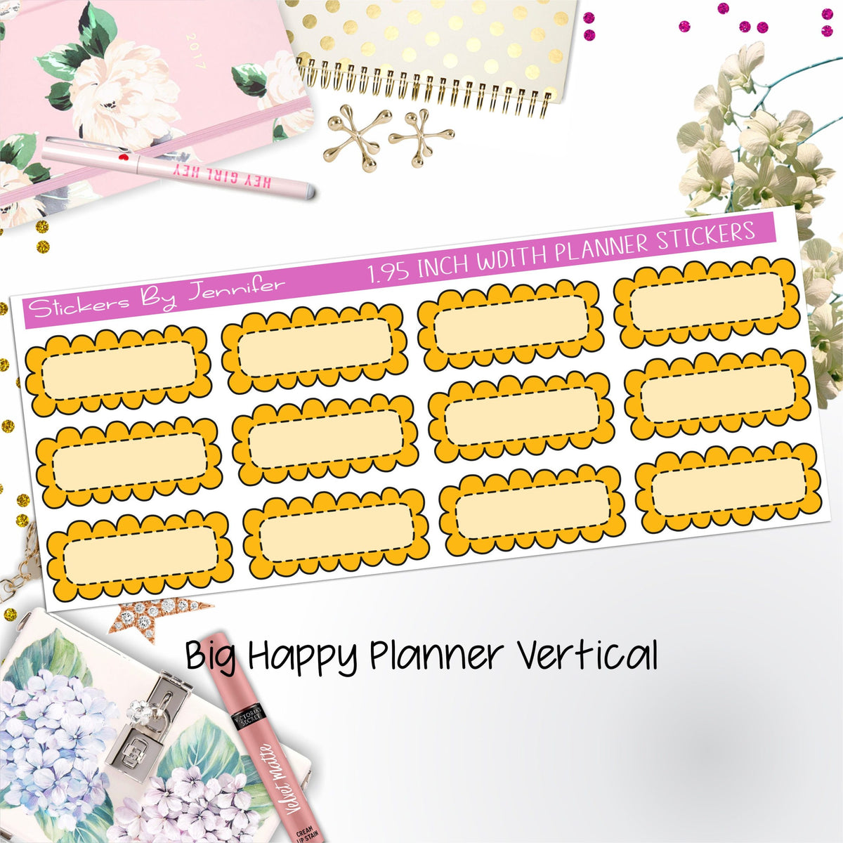 Scallop Labels 1.95 inch Width Quarter Boxes 380 for Big Happy Planner Vertical Planner Stickers
