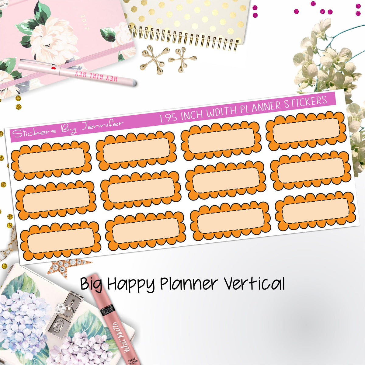 Scallop Labels 1.95 inch Width Quarter Boxes 381 for Big Happy Planner Vertical Planner Stickers