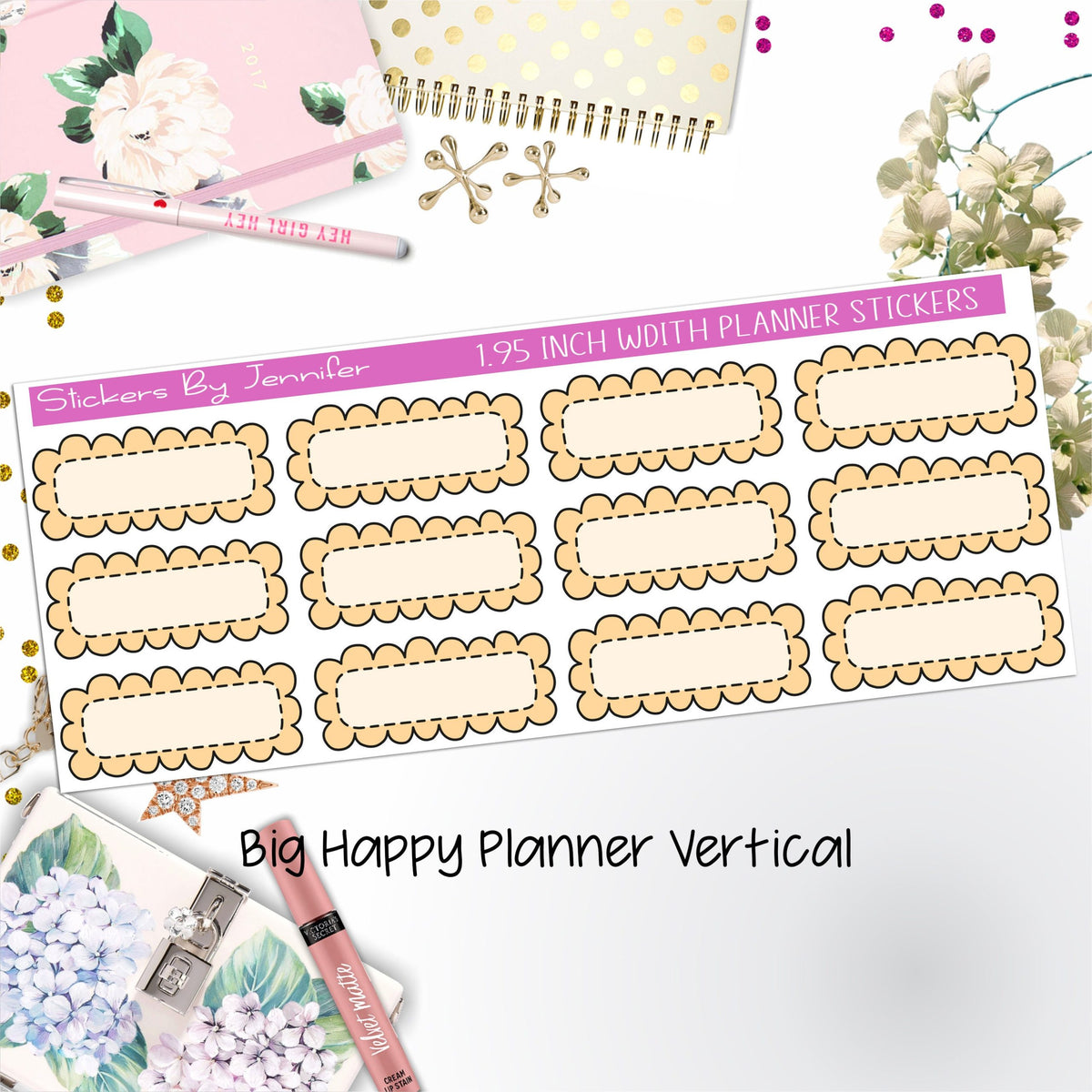 Scallop Labels 1.95 inch Width Quarter Boxes 386 for Big Happy Planner Vertical Planner Stickers