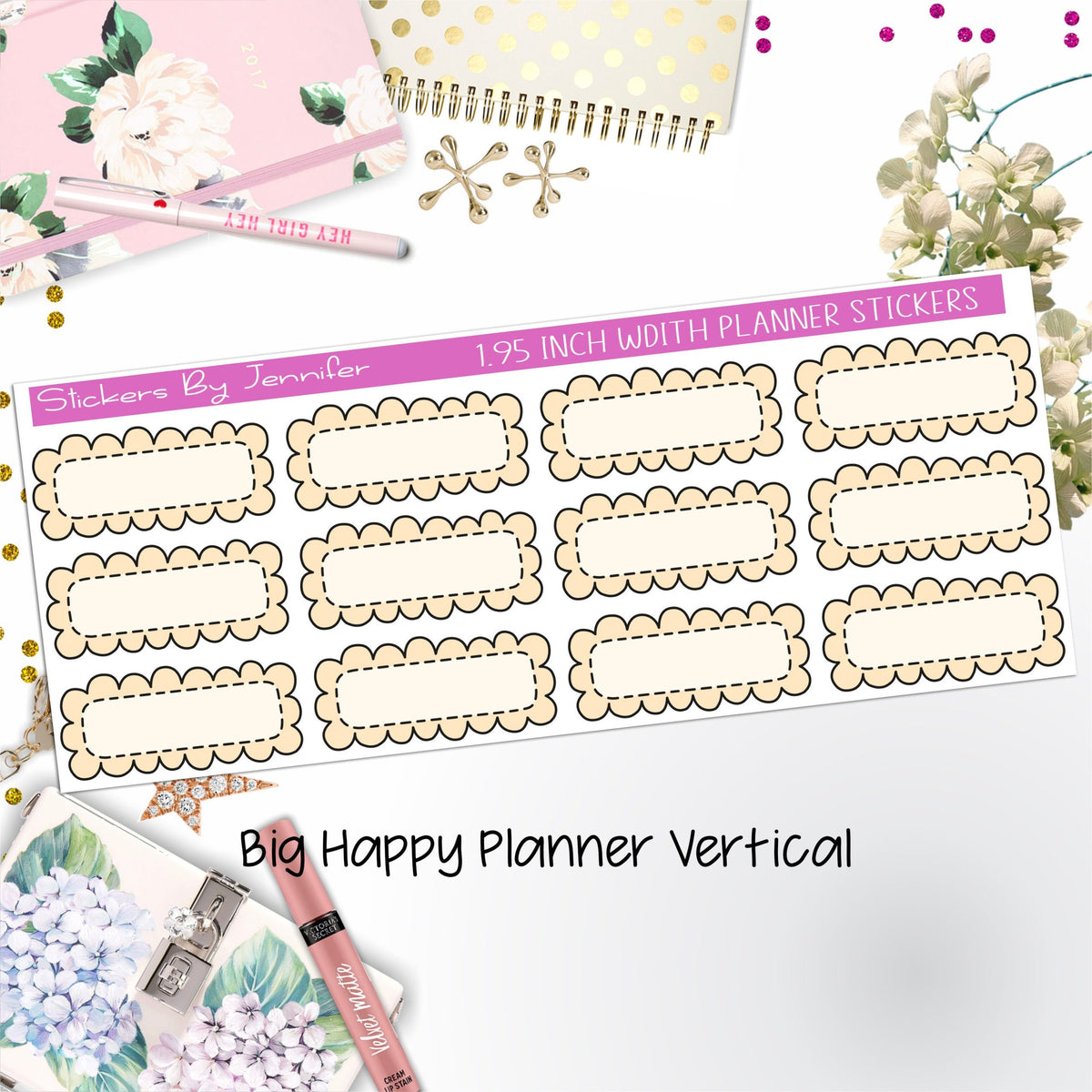 Scallop Labels 1.95 inch Width Quarter Boxes 387 for Big Happy Planner Vertical Planner Stickers
