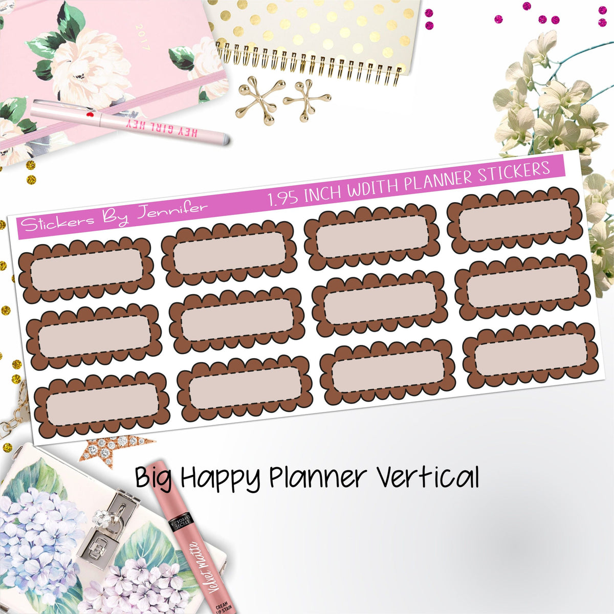 Scallop Labels 1.95 inch Width Quarter Boxes 393 for Big Happy Planner Vertical Planner Stickers