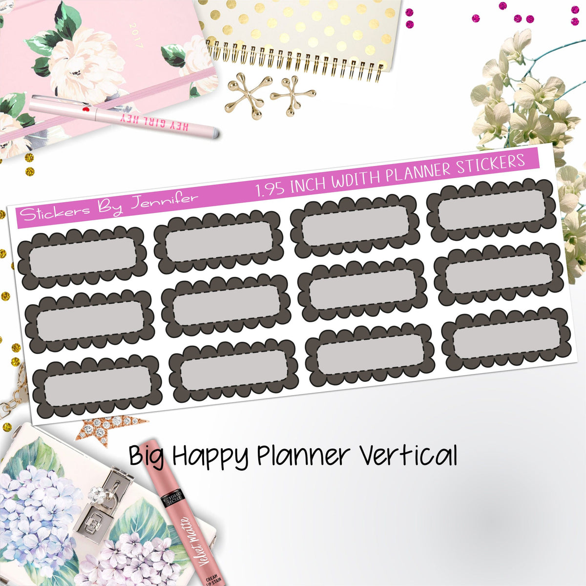 Scallop Labels 1.95 inch Width Quarter Boxes 395 for Big Happy Planner Vertical Planner Stickers