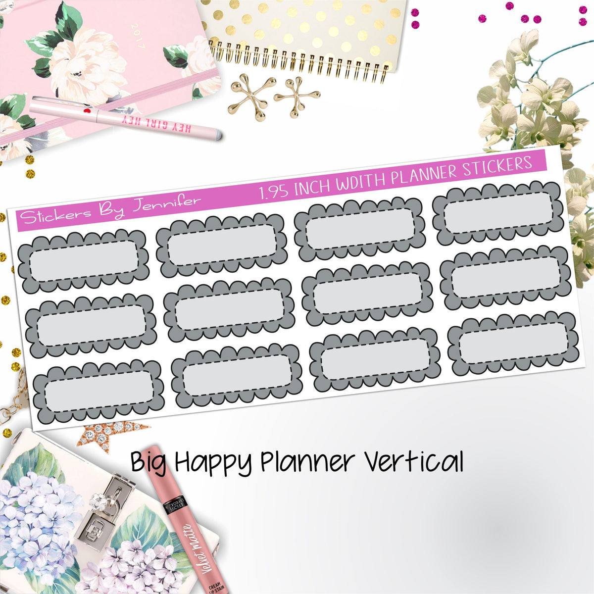 Scallop Labels 1.95 inch Width Quarter Boxes 398 for Big Happy Planner Vertical Planner Stickers