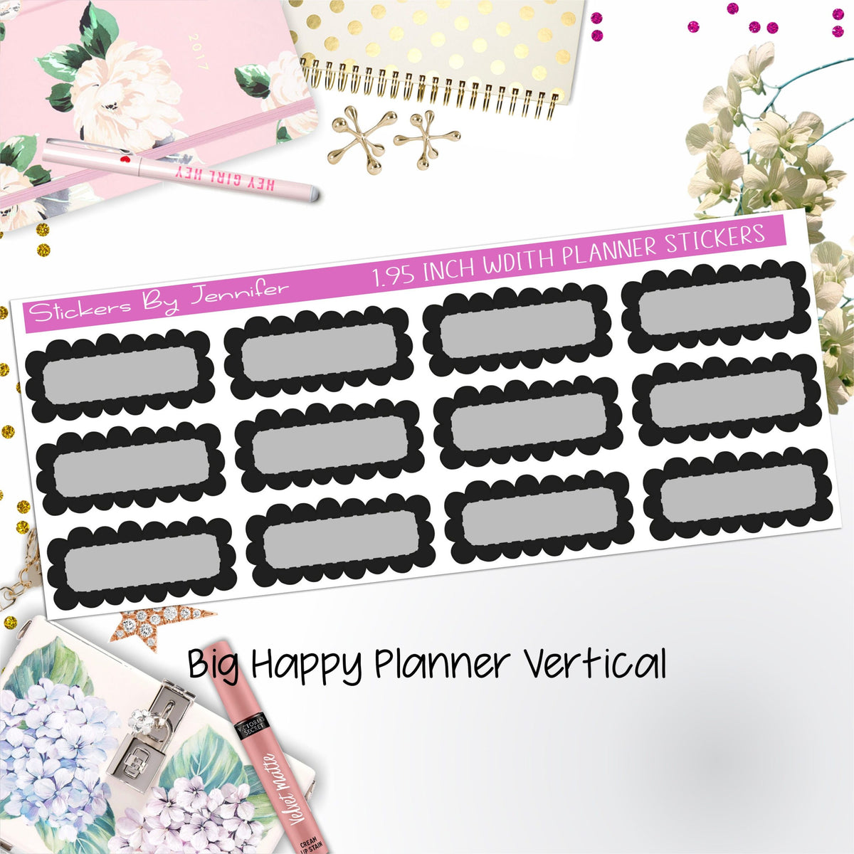 Scallop Labels 1.95 inch Width Quarter Boxes 400 for Big Happy Planner Vertical Planner Stickers