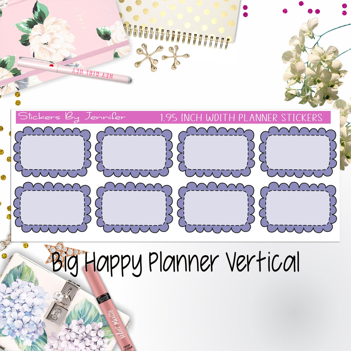 Scalloped Labels 1.95 inch Width Half Boxes 176 for Big Happy Planner Vertical Planner Stickers