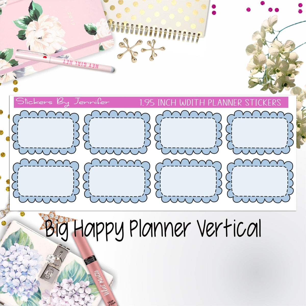 Scalloped Labels 1.95 inch Width Half Boxes 189 for Big Happy Planner Vertical Planner Stickers