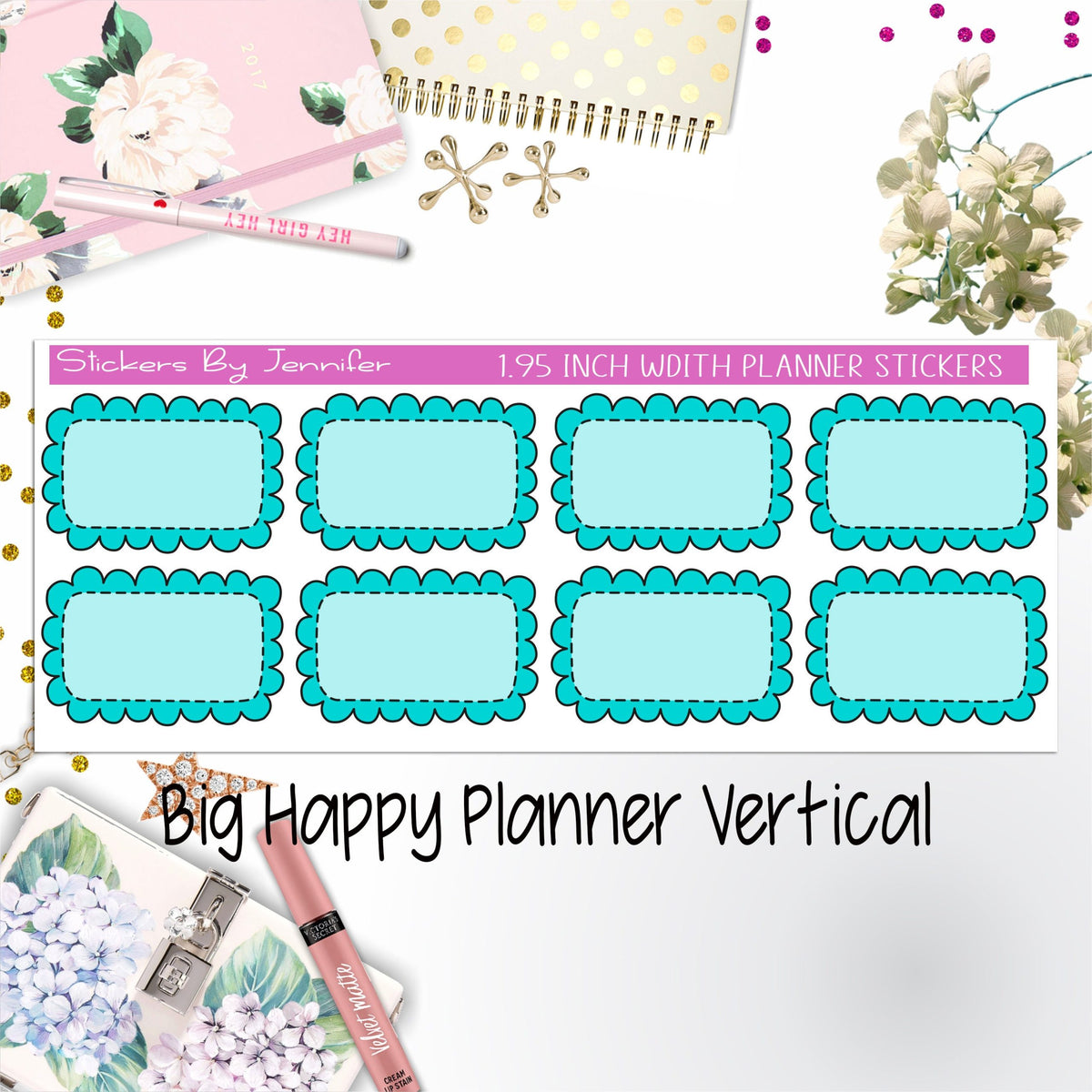 Scalloped Labels 1.95 inch Width Half Boxes 197 for Big Happy Planner Vertical Planner Stickers