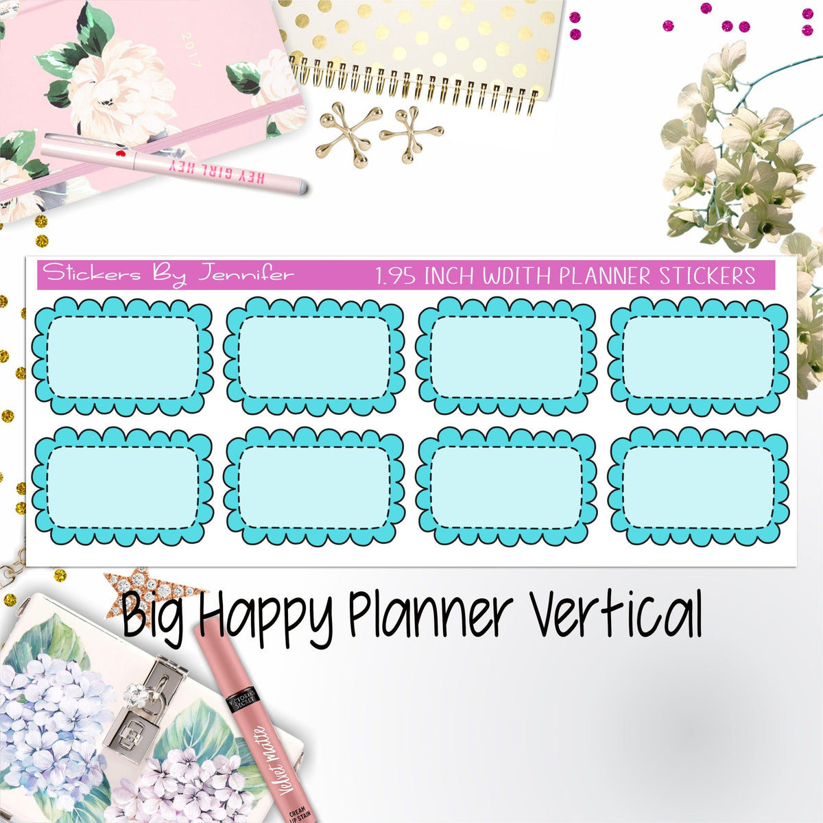 Scalloped Labels 1.95 inch Width Half Boxes 198 for Big Happy Planner Vertical Planner Stickers