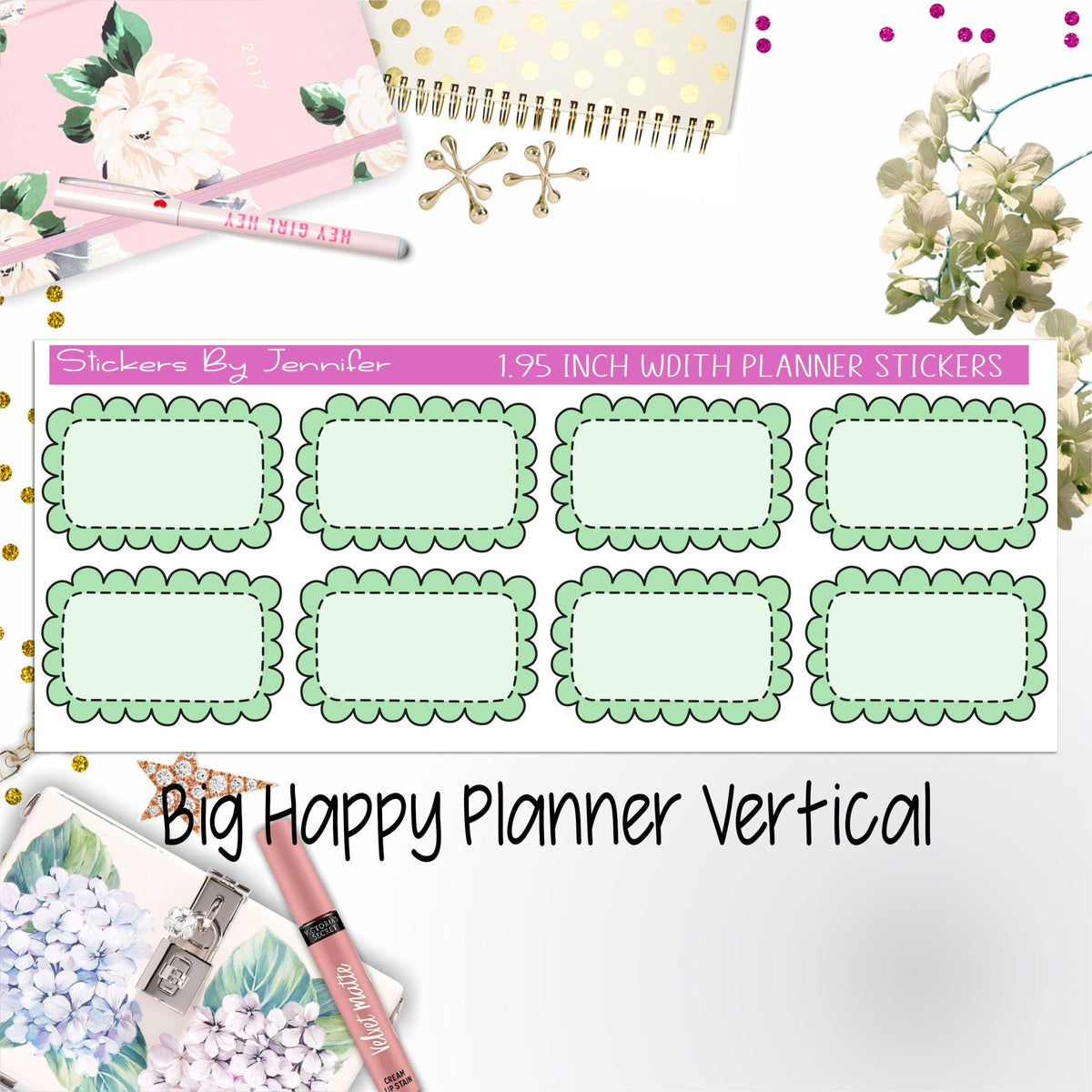 Scalloped Labels 1.95 inch Width Half Boxes 203 for Big Happy Planner Vertical Planner Stickers