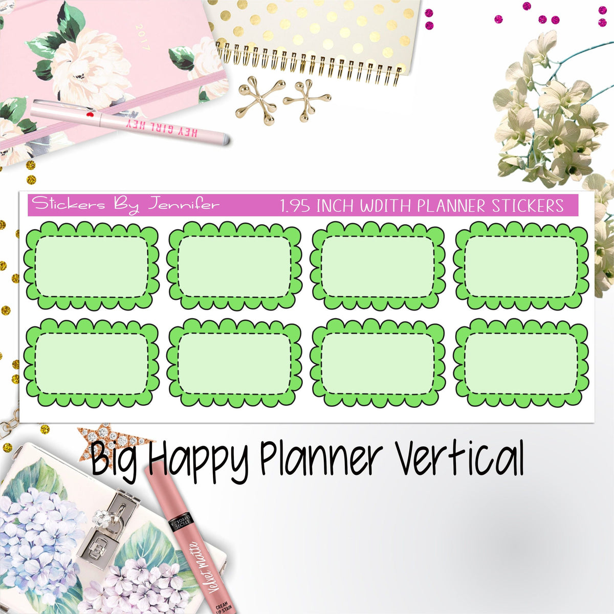 Scalloped Labels 1.95 inch Width Half Boxes 211 for Big Happy Planner Vertical Planner Stickers