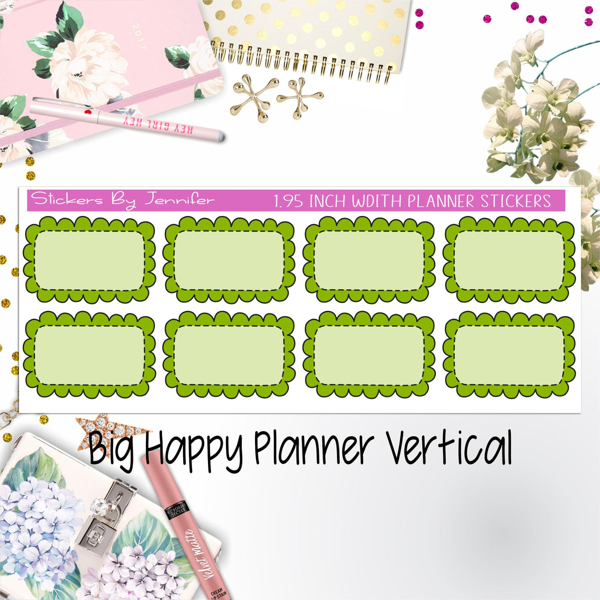 Scalloped Labels 1.95 inch Width Half Boxes 213 for Big Happy Planner Vertical Planner Stickers