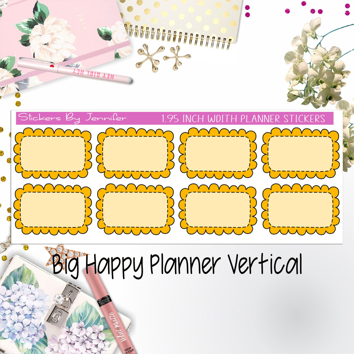 Scalloped Labels 1.95 inch Width Half Boxes 216 for Big Happy Planner Vertical Planner Stickers