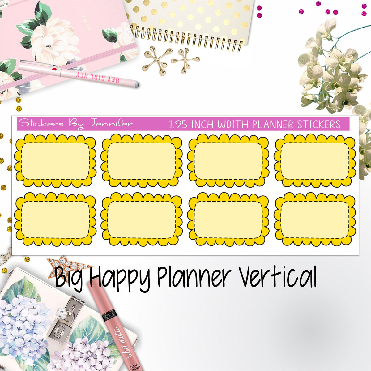 Scalloped Labels 1.95 inch Width Half Boxes 217 for Big Happy Planner Vertical Planner Stickers