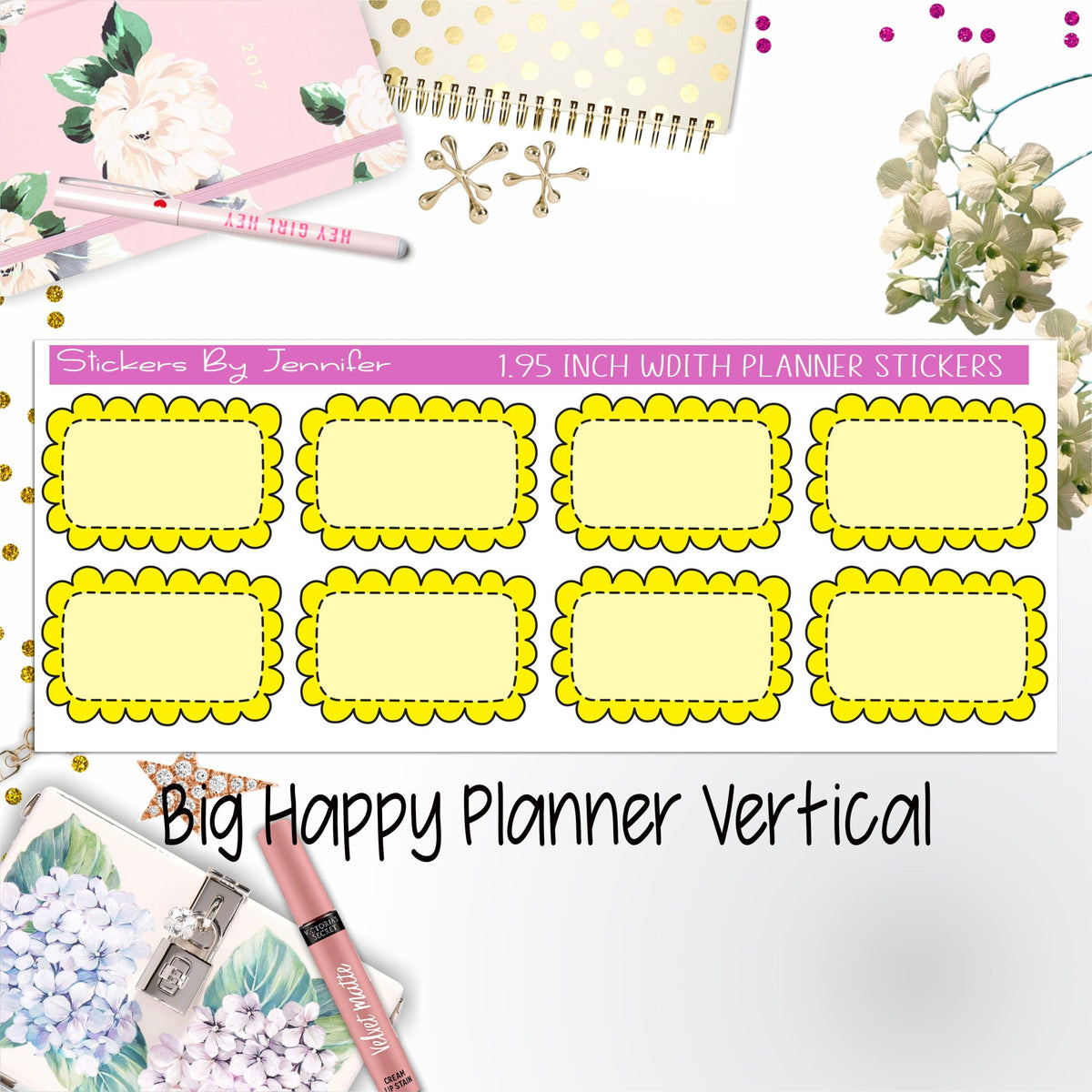 Scalloped Labels 1.95 inch Width Half Boxes 218 for Big Happy Planner Vertical Planner Stickers