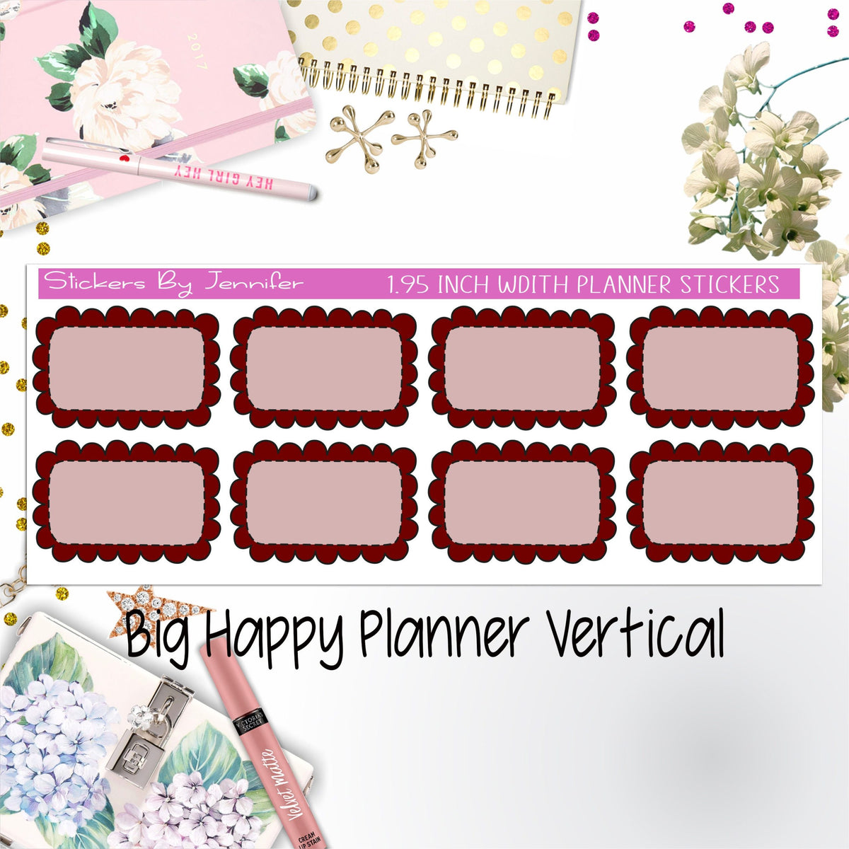 Scalloped Labels 1.95 inch Width Half Boxes 227 for Big Happy Planner Vertical Planner Stickers