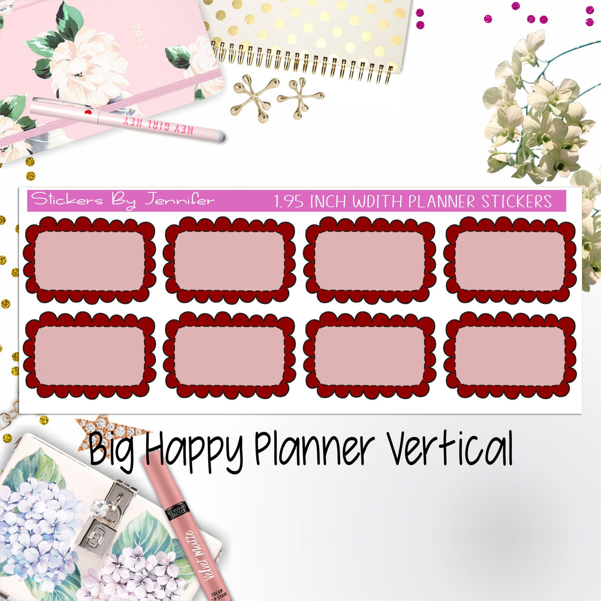 Scalloped Labels 1.95 inch Width Half Boxes 228 for Big Happy Planner Vertical Planner Stickers