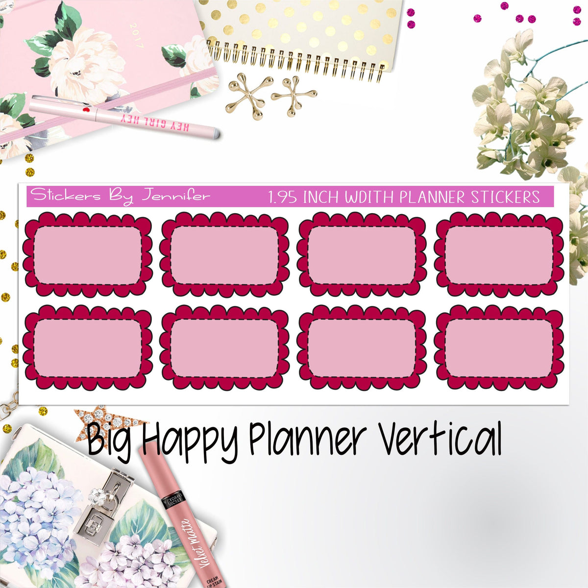 Scalloped Labels 1.95 inch Width Half Boxes 235 for Big Happy Planner Vertical Planner Stickers