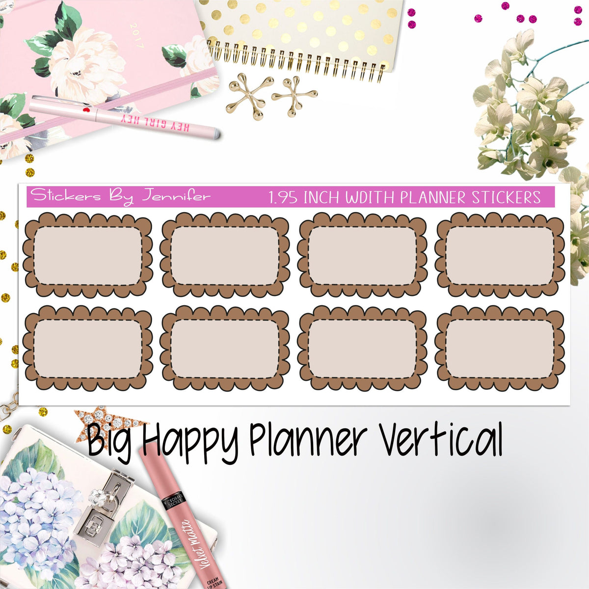 Scalloped Labels 1.95 inch Width Half Boxes 269 for Big Happy Planner Vertical Planner Stickers