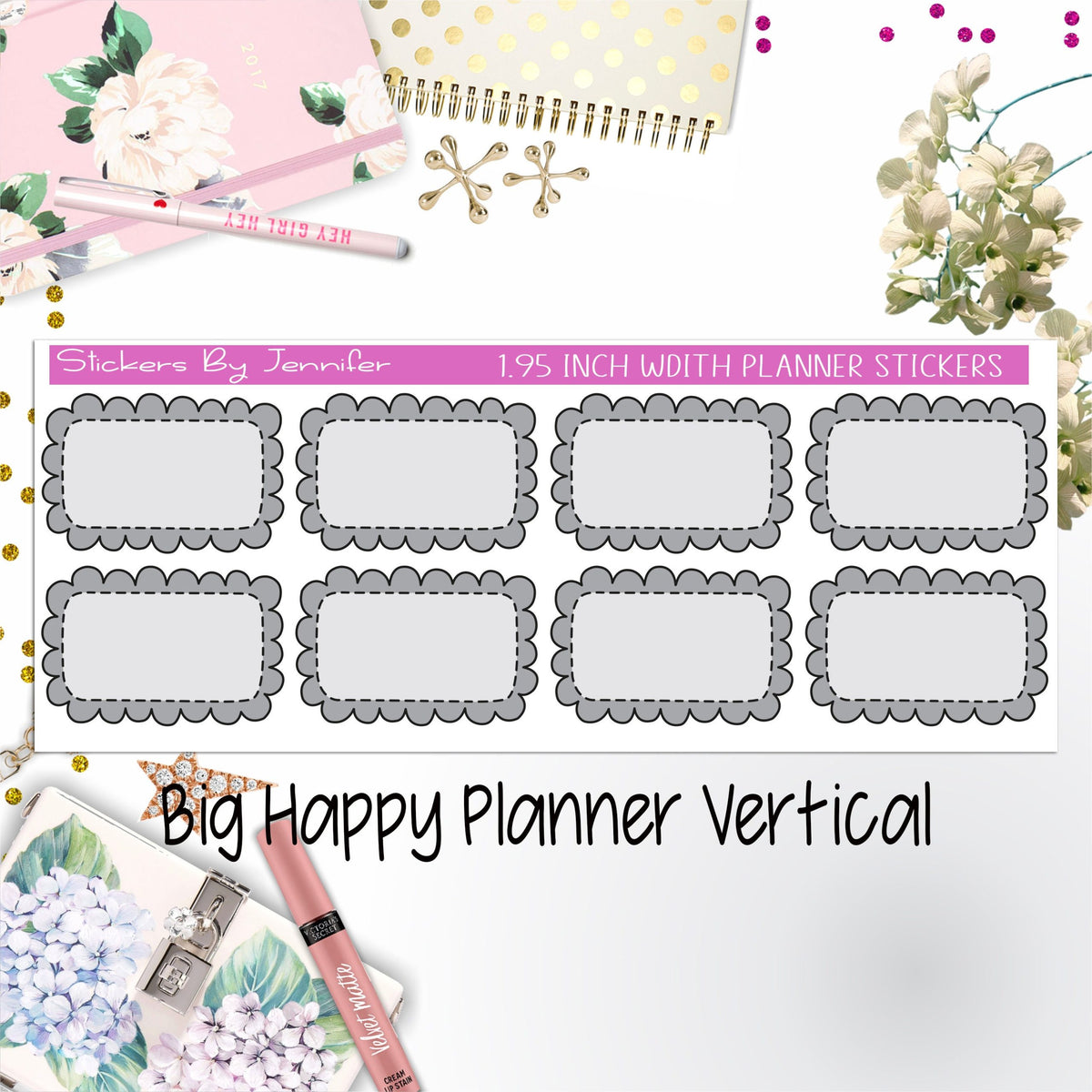 Scalloped Labels 1.95 inch Width Half Boxes 273 for Big Happy Planner Vertical Planner Stickers