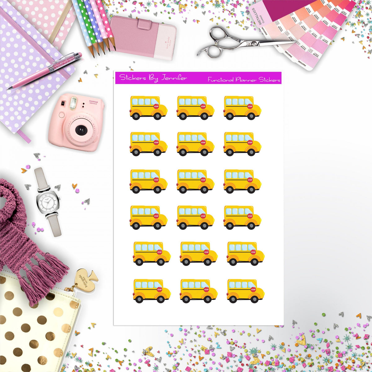 School Bus Stickers, Planner Stickers, Journal Stickers, Functional Planner Stickers, Stationary Stickers