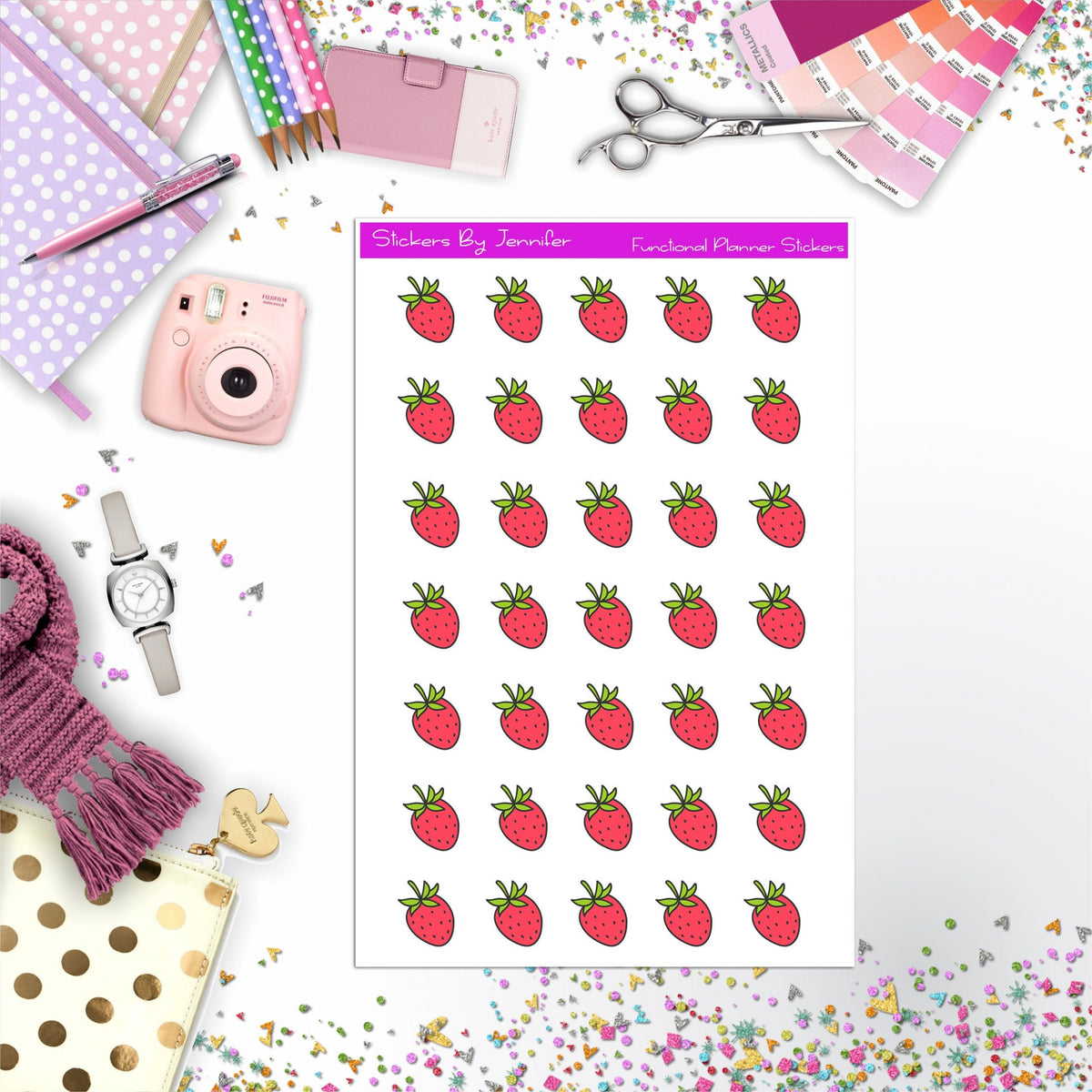 Strawberry Stickers, Planner Stickers, Journal Stickers, Functional Planner Stickers, Stationary Stickers