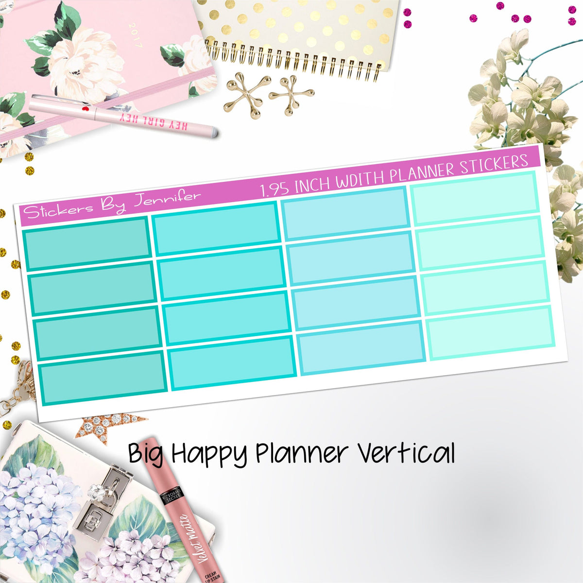 Tinted Rectangle 1.95 inch Width Quarter Boxes 406 for Big Happy Planner Vertical Planner Stickers
