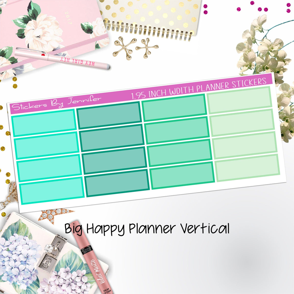 Tinted Rectangle 1.95 inch Width Quarter Boxes 407 for Big Happy Planner Vertical Planner Stickers
