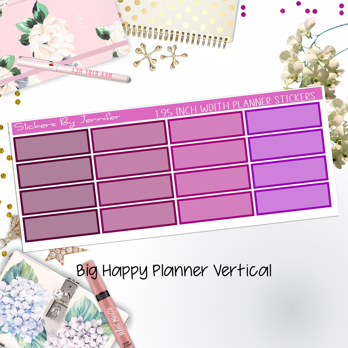 Tinted Rectangle 1.95 inch Width Quarter Boxes 416 for Big Happy Planner Vertical Planner Stickers