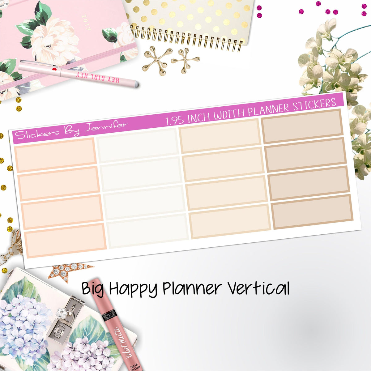 Tinted Rectangle 1.95 inch Width Quarter Boxes 423 for Big Happy Planner Vertical Planner Stickers