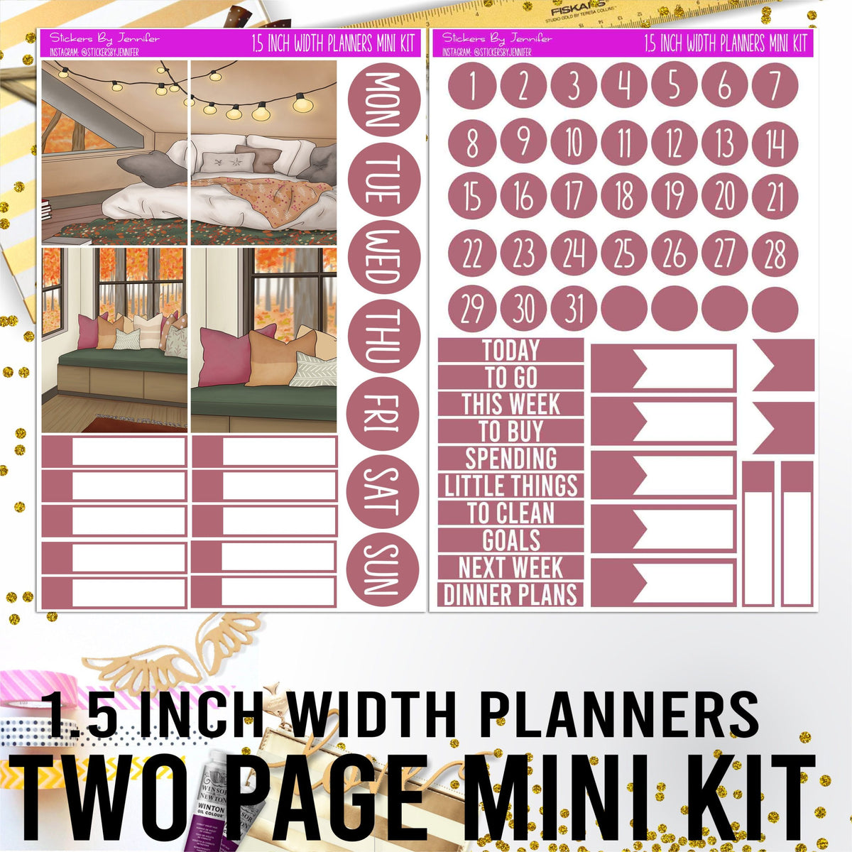 Two Page 1.5 Inch Width Mini Kit 045 Planner Stickers, Bullet Journal Stickers, Functional Planner Stickers, Stationary Stickers