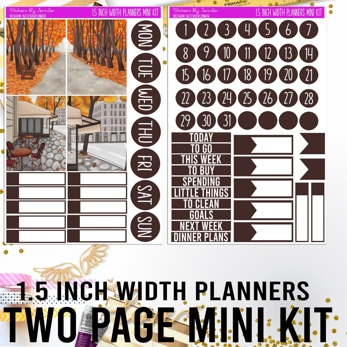 Two Page 1.5 Inch Width Mini Kit 046 Planner Stickers, Bullet Journal Stickers, Functional Planner Stickers, Stationary Stickers