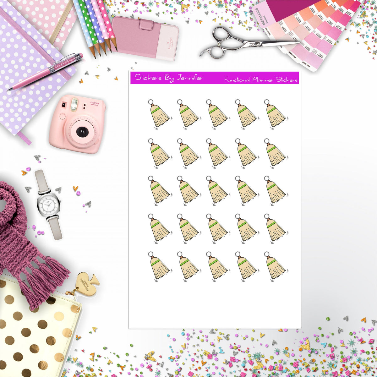 Whisk Broom Stickers, Planner Stickers, Journal Stickers, Functional Planner Stickers, Stationary Stickers